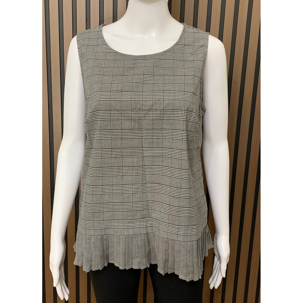 J. Jill Womens PM Petite Medium Glen Plaid Pleated Hem Sleeveless Top Black